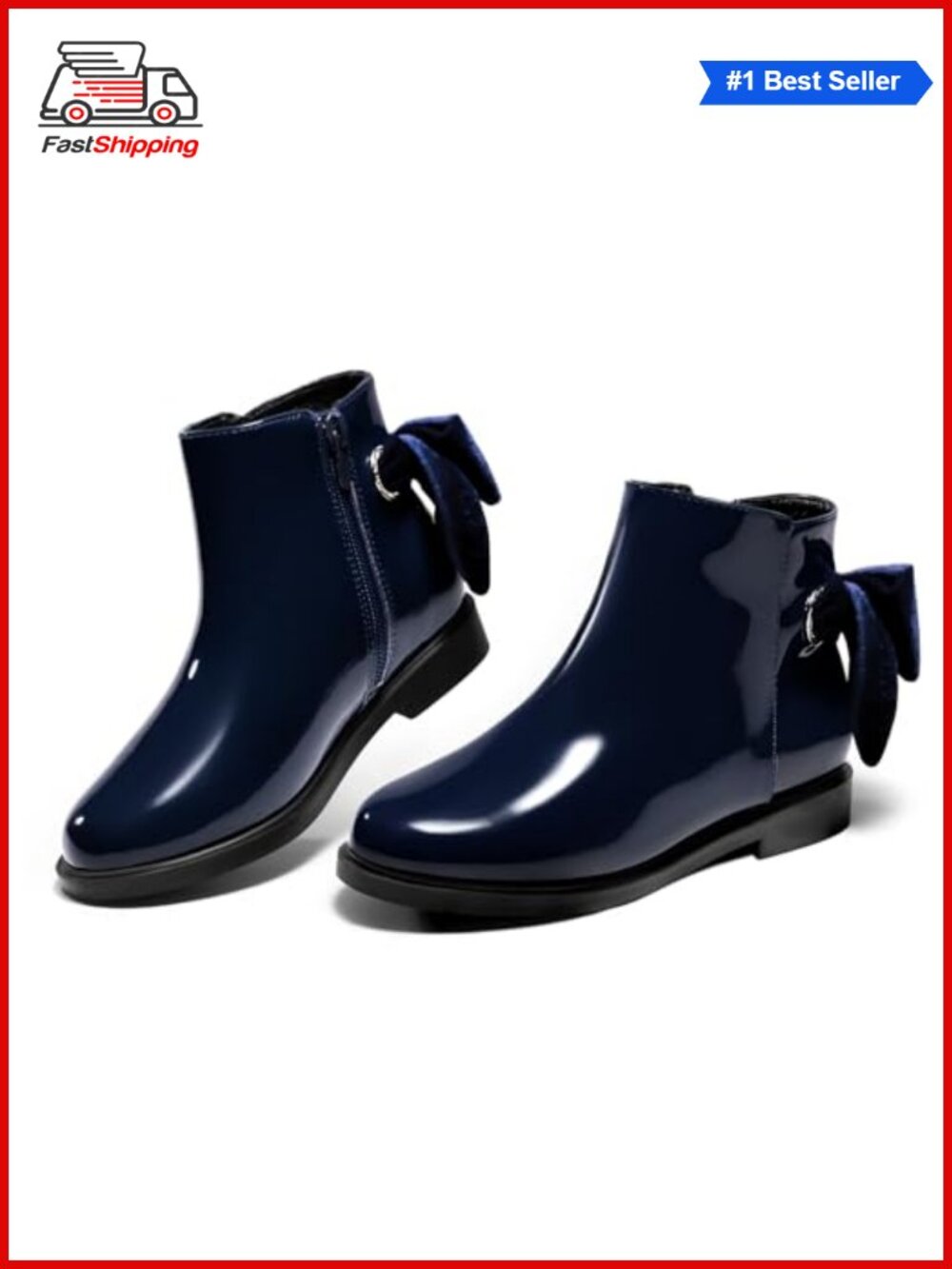✨ Girls Ankle Boots Bow Chunky Low Heel Side Zipper Faux Leather Dress Booties